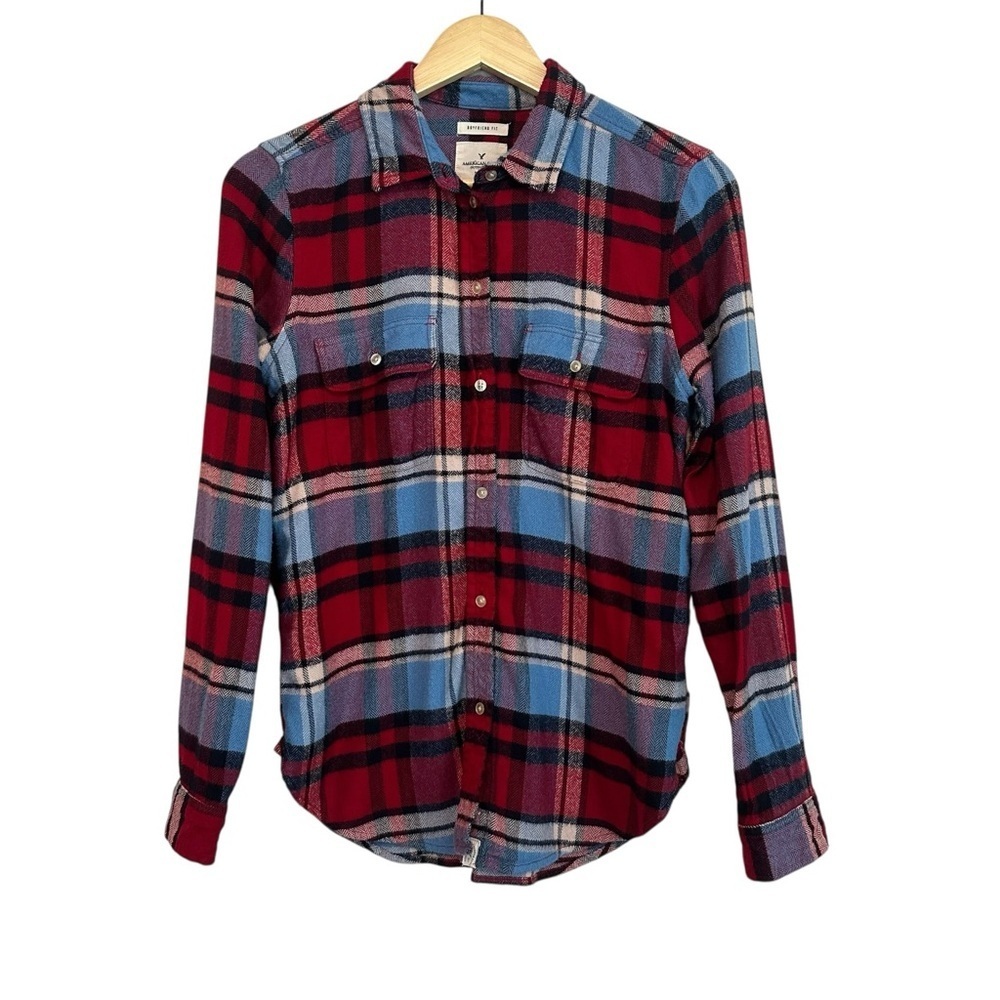 American Eagle's Women's Small Red Blue Plaid Flannel BOYFRIEND FIT Casual Shirt